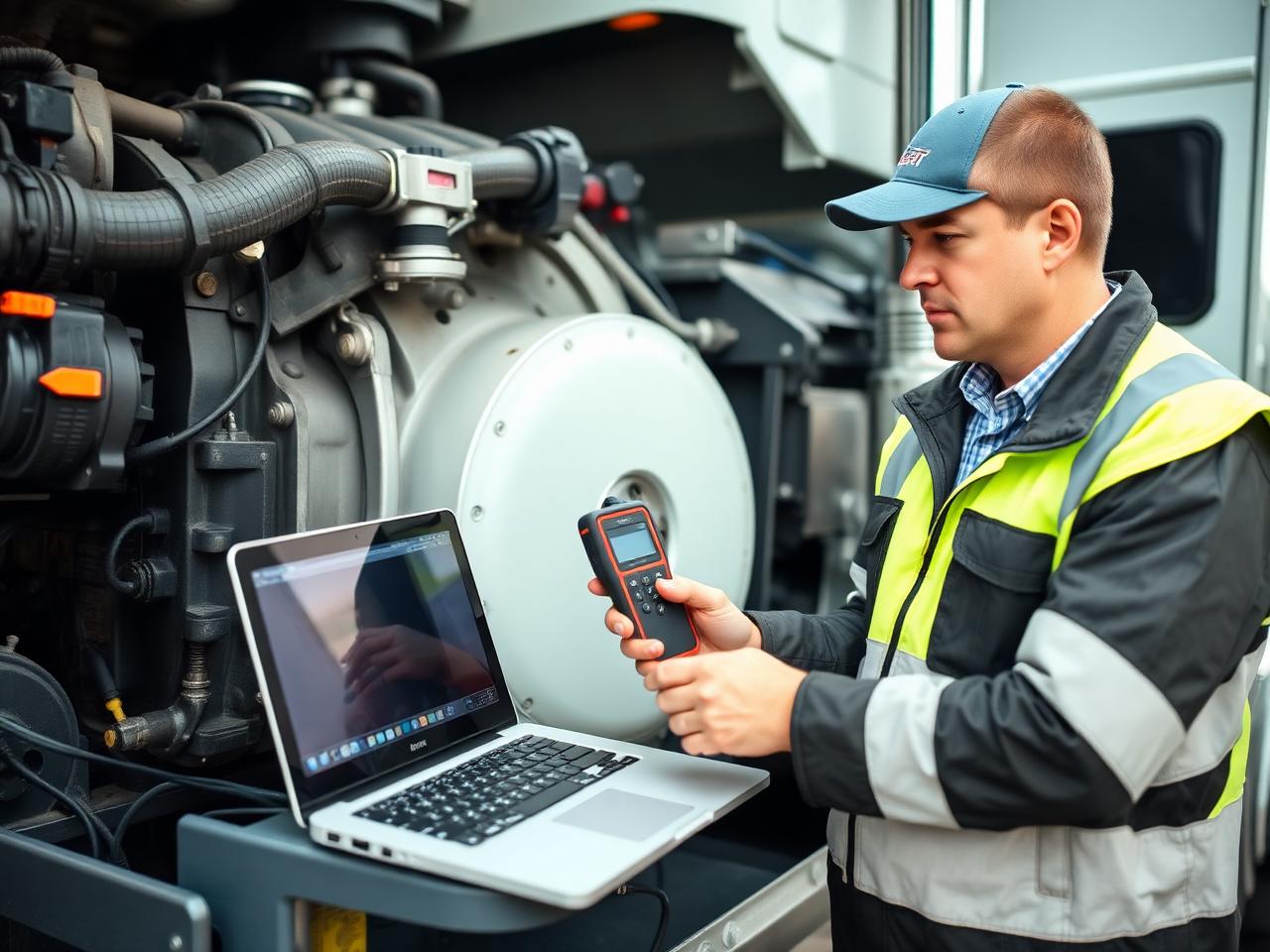 Technician performing CARB compliance test on a diesel truck